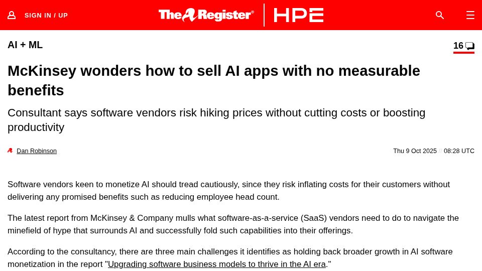 Screenshot of theregister.com: McKinsey wonders how to sell AI apps with no measurable benefits
