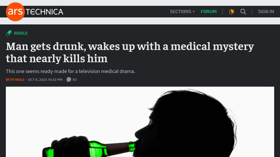 Screenshot of arstechnica.com: Man gets drunk, wakes up with a medical mystery that nearly kills him