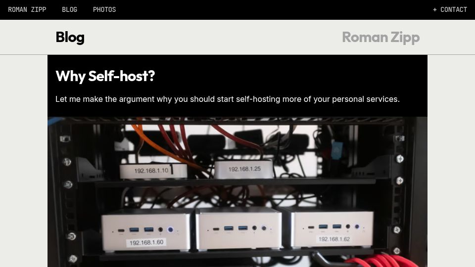 Screenshot of romanzipp.com: Why Self-Host?
