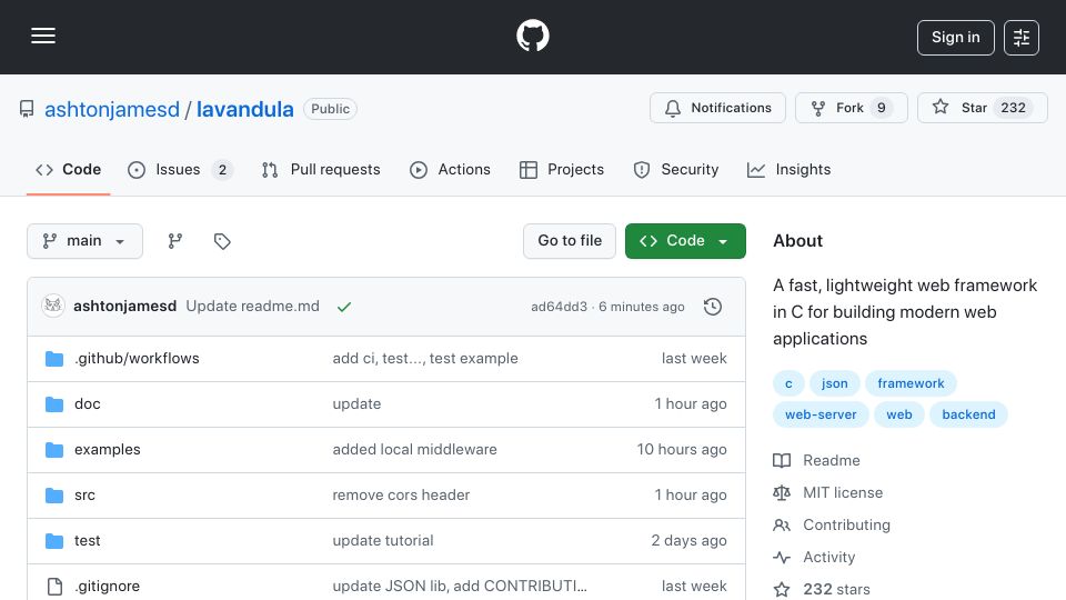 Screenshot of github.com: Show HN: I built a web framework in C