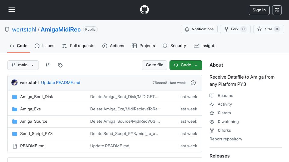 Screenshot of github.com: AmigaMidiRecieve – Transfer File from Any OS to Amiga via MIDI