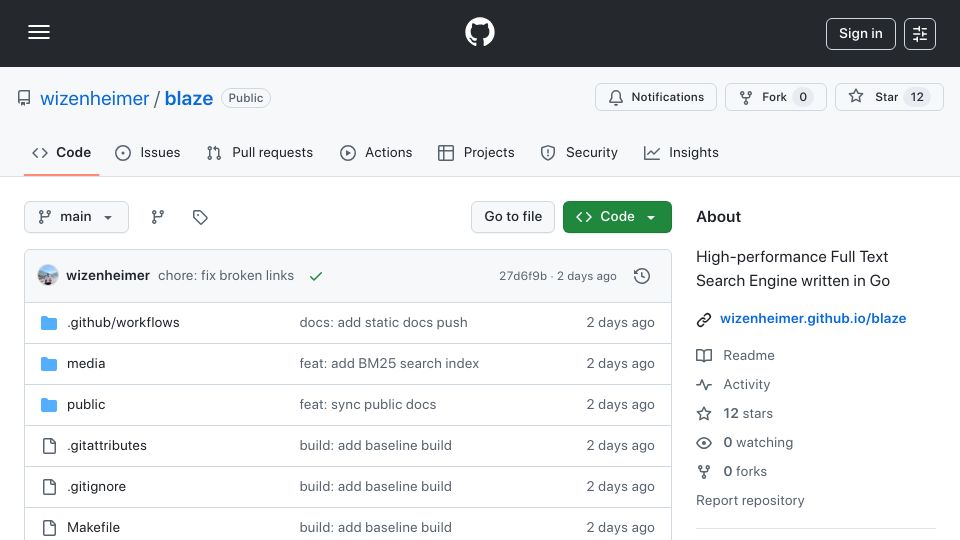 Screenshot of github.com: Show HN: I wrote a full text search engine in Go