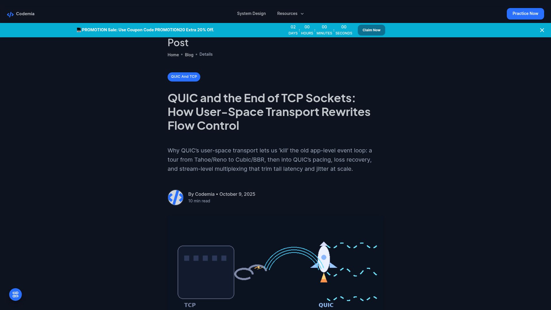 Screenshot of codemia.io: QUIC and the End of TCP Sockets