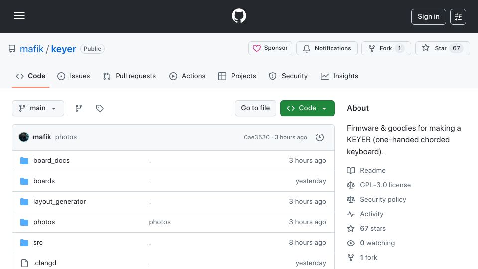 Screenshot of github.com: Show HN: I've built a tiny hand-held keyboard