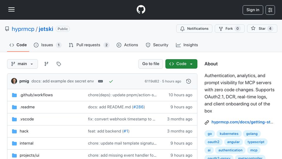 Screenshot of github.com: Show HN: HyprMCP – Analytics, logs and auth for MCP servers