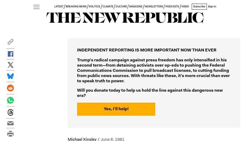 Screenshot of newrepublic.com: What’s so great about excellence? (1981)