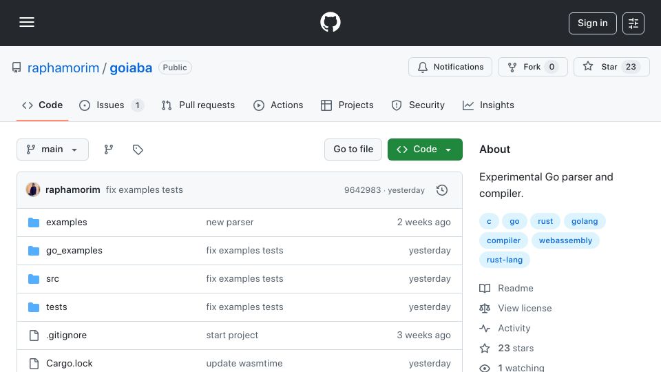 Screenshot of github.com: Goiaba: An experimental Go compiler, written in Rust