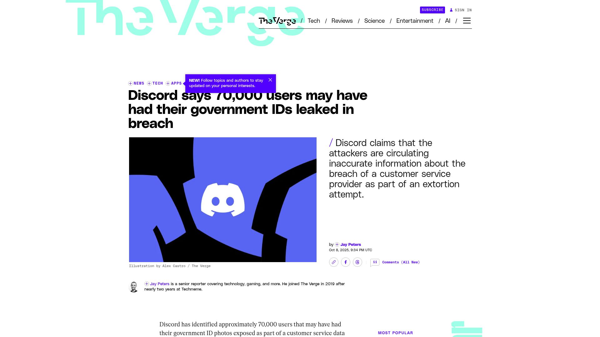 Screenshot of theverge.com: Discord says 70k users may have had their government IDs leaked in breach