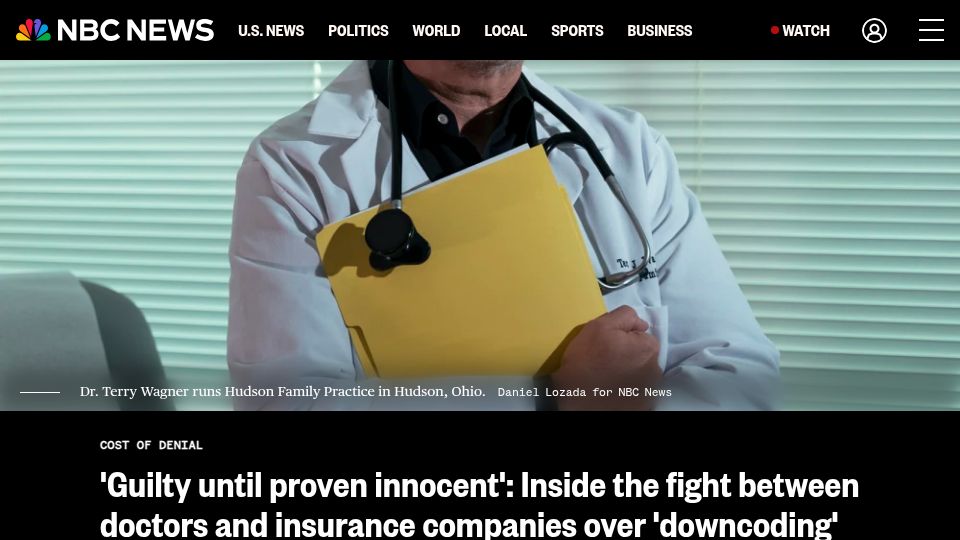Screenshot of nbcnews.com: The fight between doctors and insurance companies over 'downcoding'