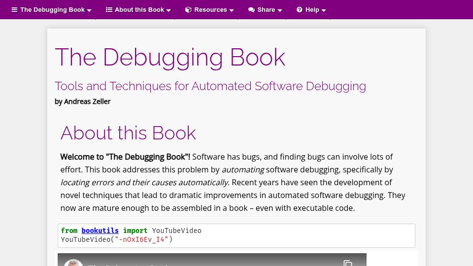 Screenshot of debuggingbook.org: The Debugging Book