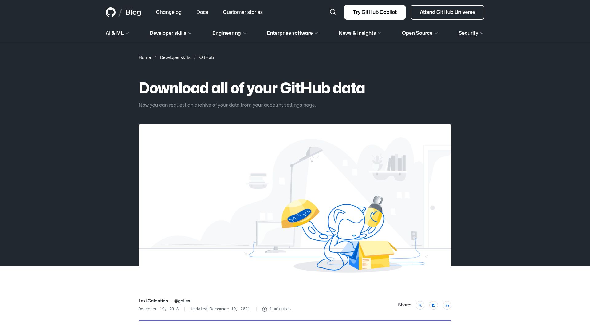 Screenshot of github.blog: Download all of your GitHub data