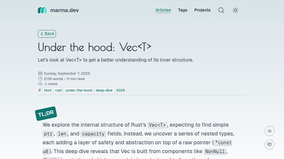 Screenshot of marma.dev: Under the hood: Vec<T>