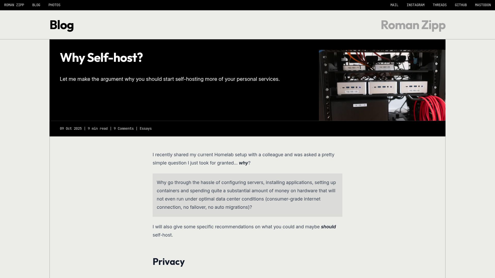 Screenshot of romanzipp.com: Why Self-Host?