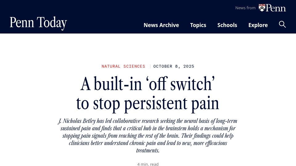 Screenshot of penntoday.upenn.edu: A built-in 'off switch' to stop persistent pain