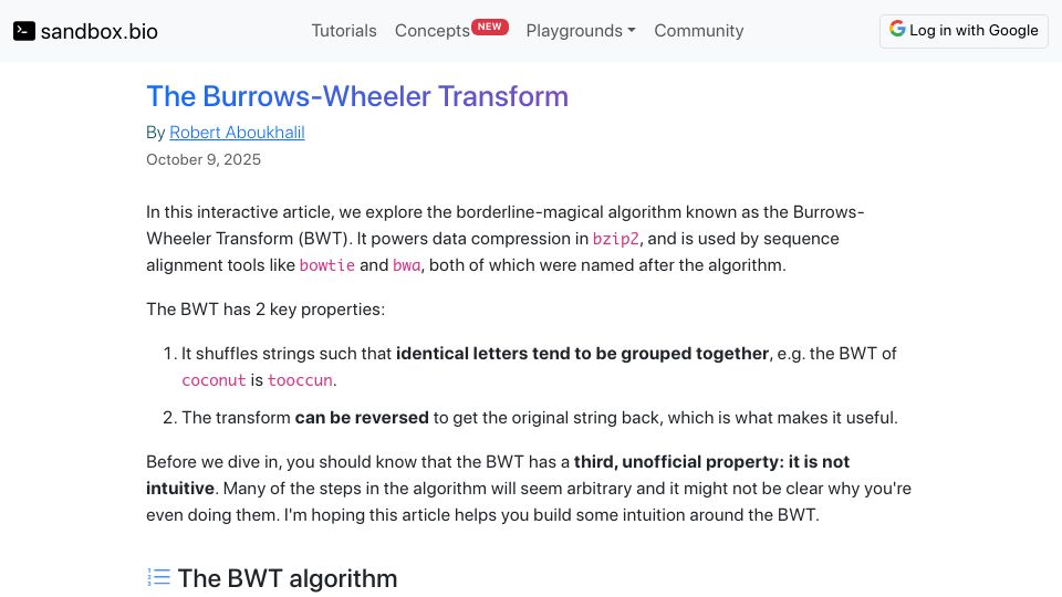 Screenshot of sandbox.bio: The Burrows-Wheeler Transform