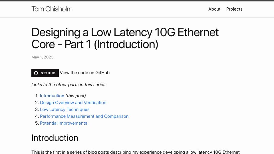 Screenshot of ttchisholm.github.io: Designing a Low Latency 10G Ethernet Core (2023)