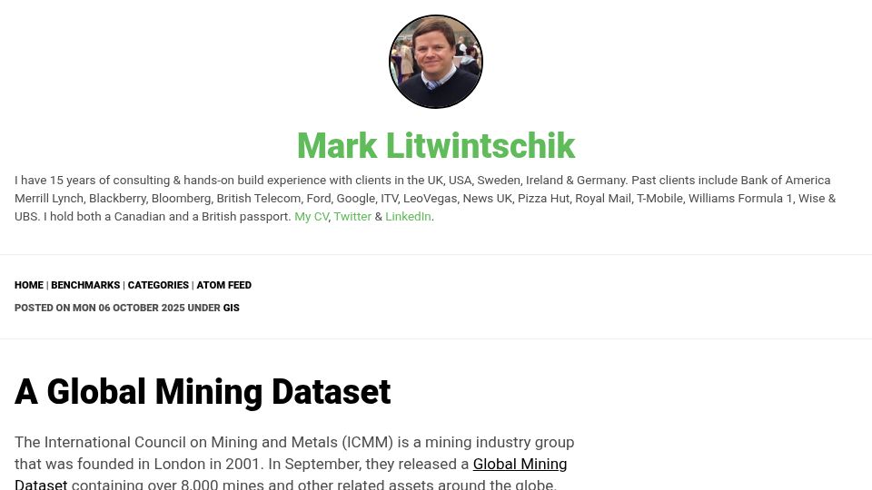 Screenshot of tech.marksblogg.com: A Global Mining Dataset