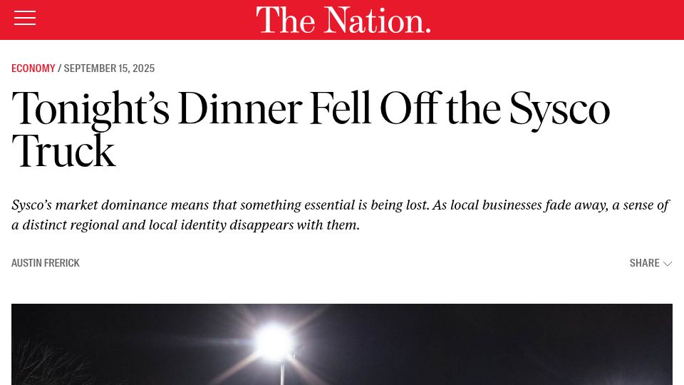 Screenshot of thenation.com: Tonight's restaurant dinner fell off the Sysco truck