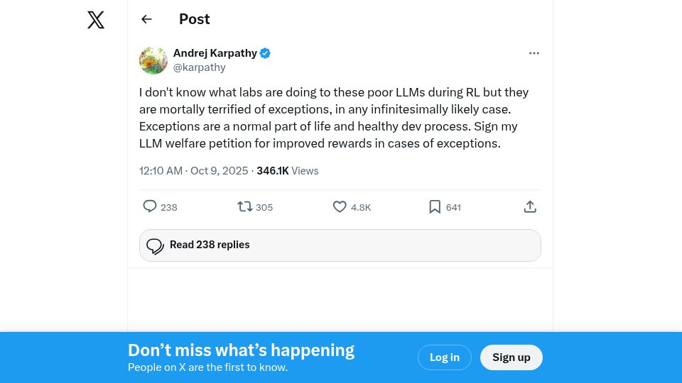 Screenshot of twitter.com: LLMs are mortally terrified of exceptions