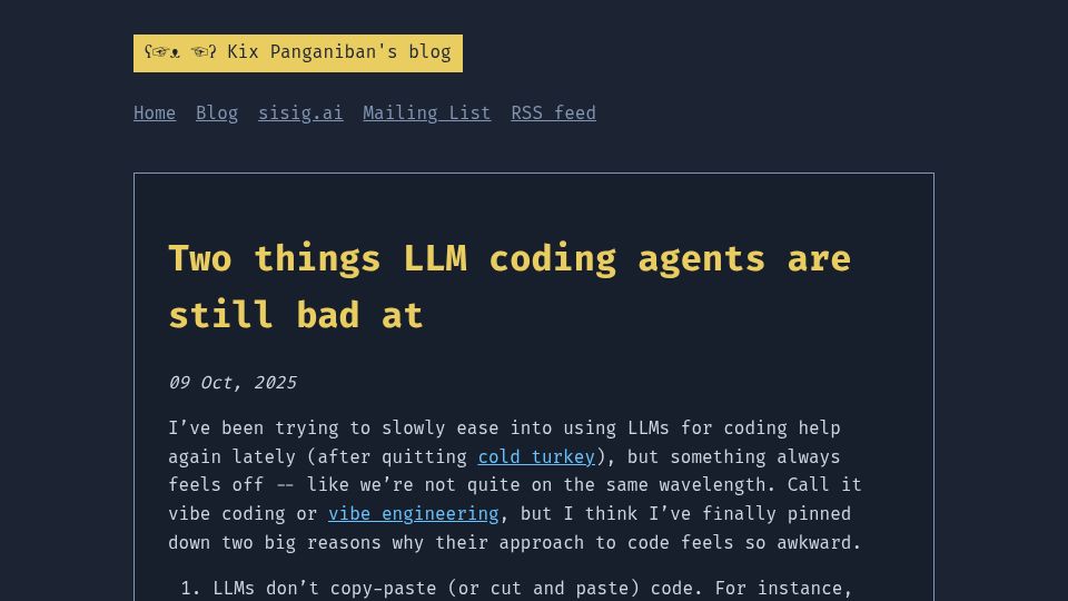 Screenshot of kix.dev: Two things LLM coding agents are still bad at