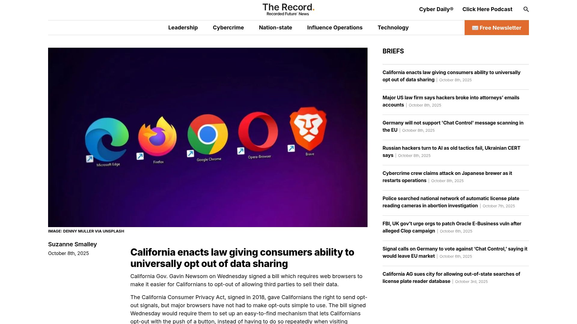 Screenshot of therecord.media: California enacts law enabling people to universally opt out of data sharing