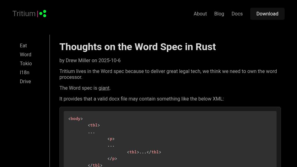 Screenshot of tritium.legal: Thoughts on the Word Spec in Rust