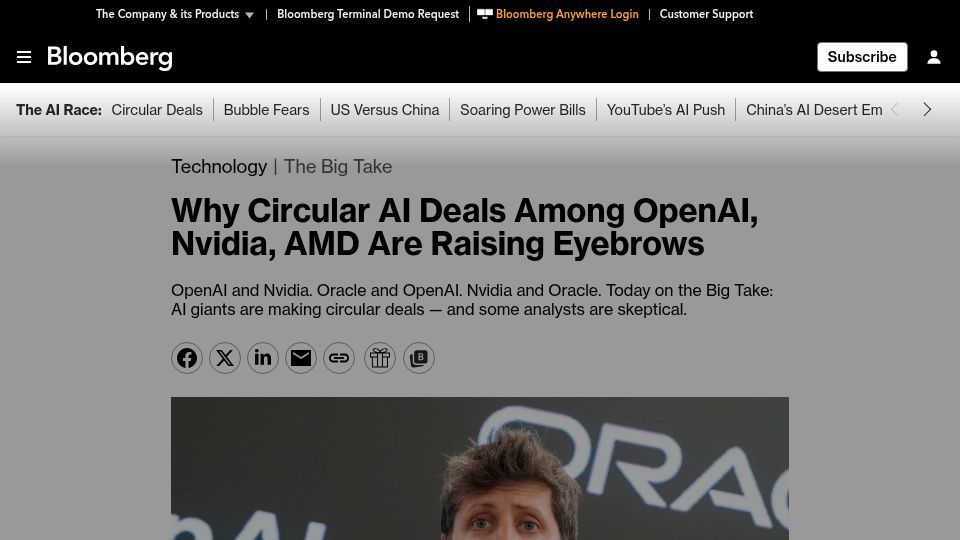 Screenshot of bloomberg.com: Why Circular AI Deals Among OpenAI, Nvidia, AMD Are Raising Eyebrows