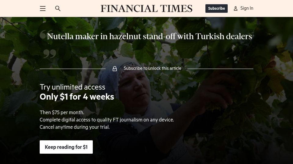 Screenshot of ft.com: Nutella maker in hazelnut stand-off with Turkish dealers