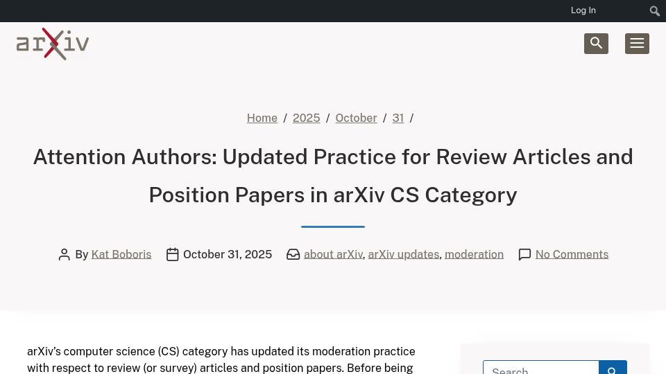 Screenshot of blog.arxiv.org: Updated practice for review articles and position papers in ArXiv CS category
