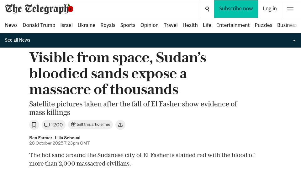 Screenshot of telegraph.co.uk: Visible from space, Sudan's bloodied sands expose a massacre of thousands