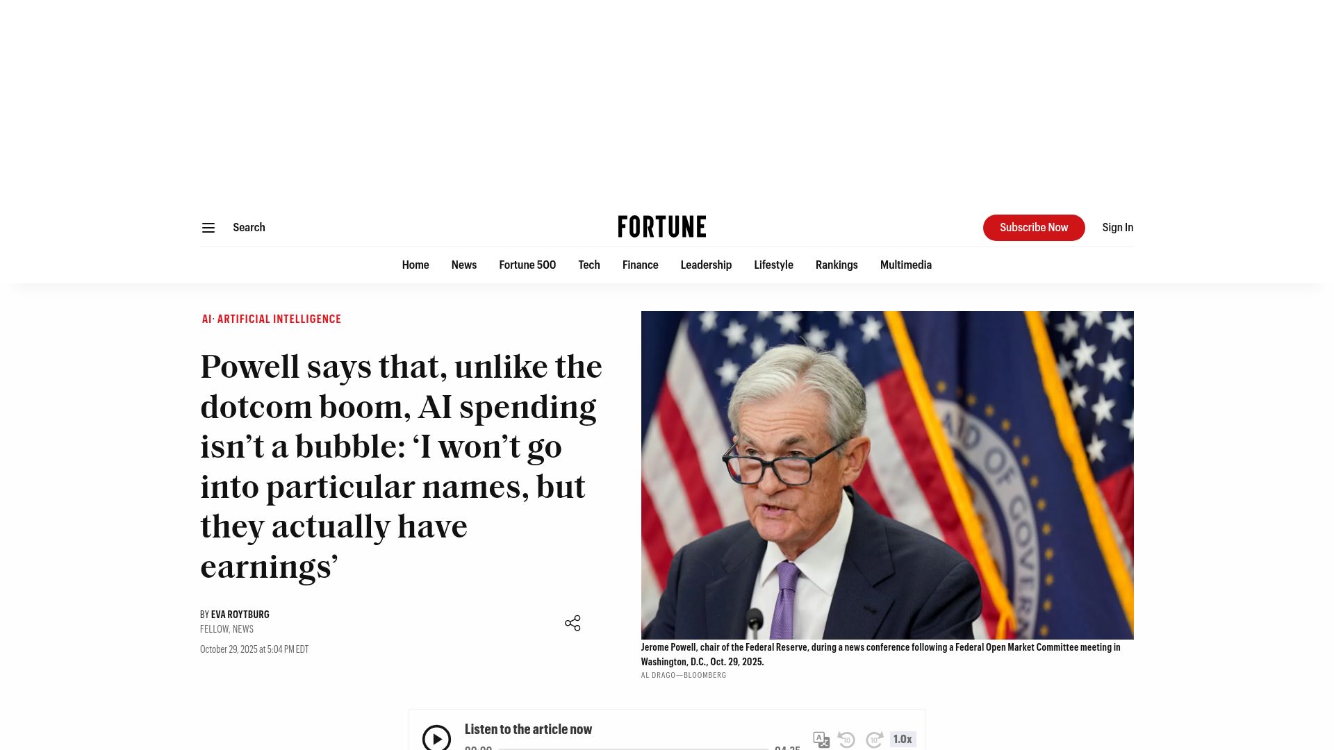 Screenshot of fortune.com: Powell – unlike the dotcom boom, AI spending isn't a bubble