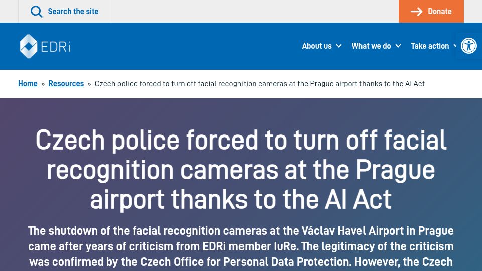 Screenshot of edri.org: Czech police forced to turn off facial recognition cameras at the Prague airport