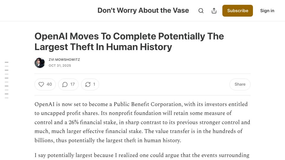 Screenshot of thezvi.substack.com: OpenAI Moves to Complete Potentially the Largest Theft in Human History