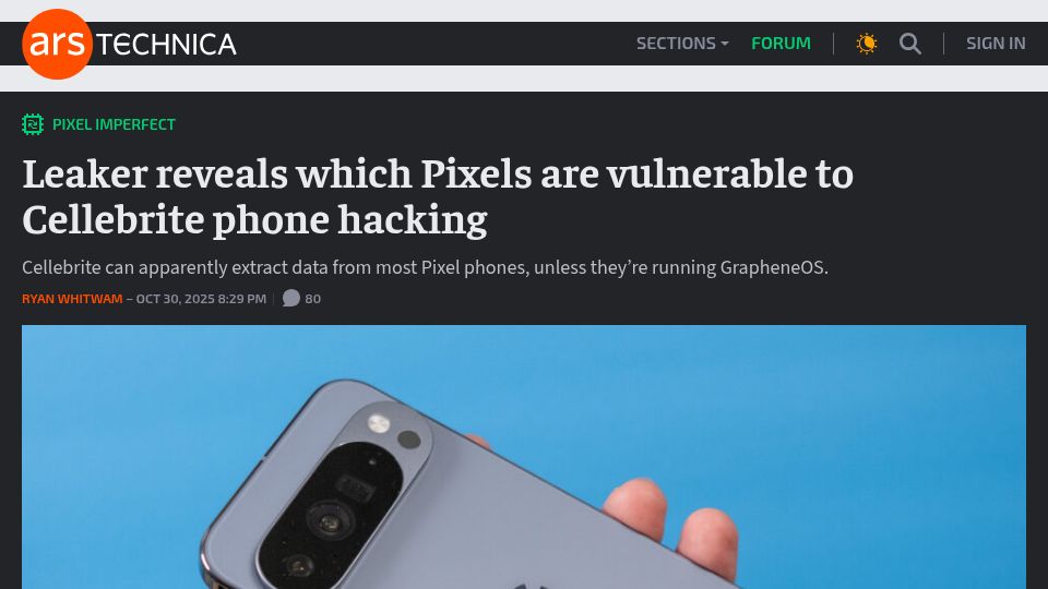 Screenshot of arstechnica.com: Leaker reveals which Pixels are vulnerable to Cellebrite phone hacking