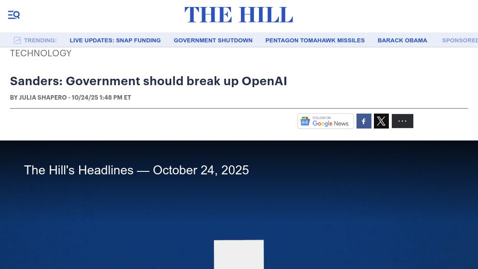 Screenshot of thehill.com: Sanders: Government should break up OpenAI
