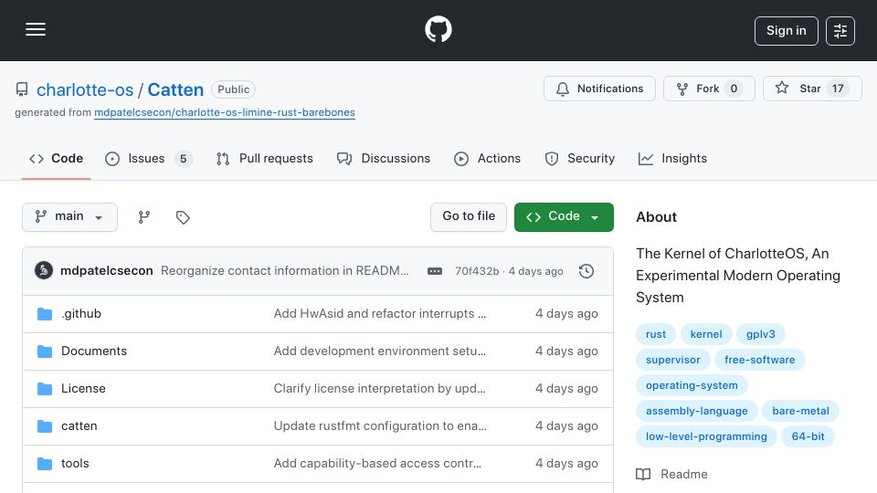 Screenshot of github.com: CharlotteOS – An Experimental Modern Operating System
