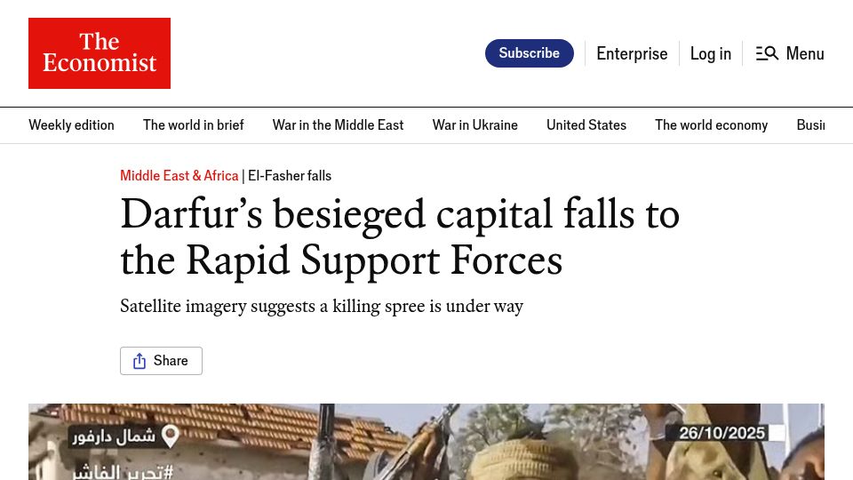 Screenshot of economist.com: RSF forces in Sudan's civil war are preparing for mass genocide
