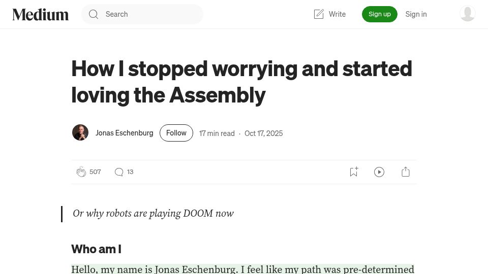 Screenshot of medium.com: How I stopped worrying and started loving the Assembly