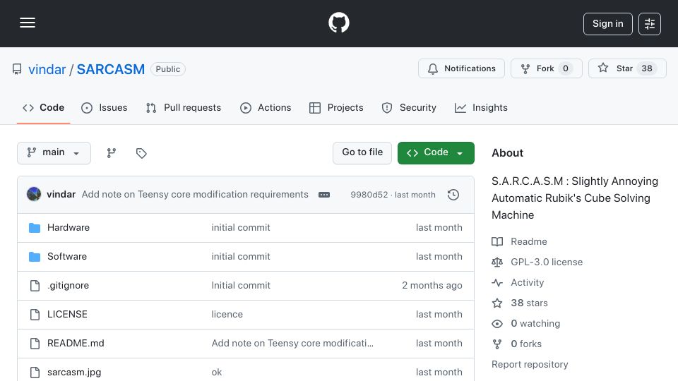 Screenshot of github.com: S.A.R.C.A.S.M: Slightly Annoying Rubik's Cube Automatic Solving Machine