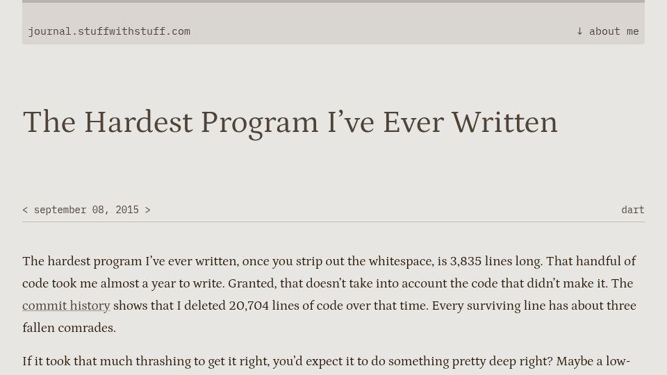 Screenshot of journal.stuffwithstuff.com: The hardest program I've ever written (2015)