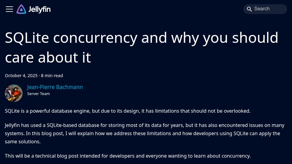 Screenshot of jellyfin.org: SQLite concurrency and why you should care about it
