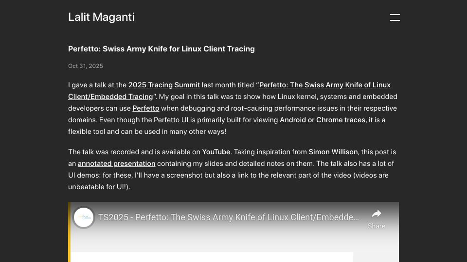 Screenshot of lalitm.com: Perfetto: Swiss army knife for Linux client tracing
