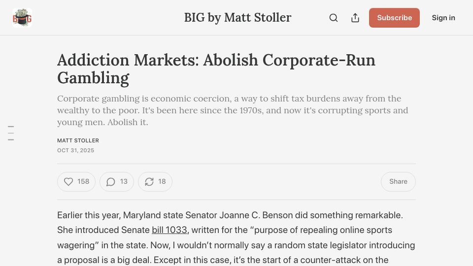 Screenshot of thebignewsletter.com: Addiction Markets
