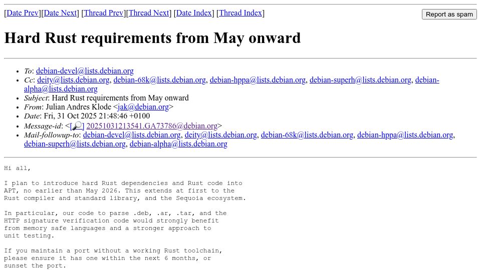 Screenshot of lists.debian.org: Hard Rust requirements from May onward