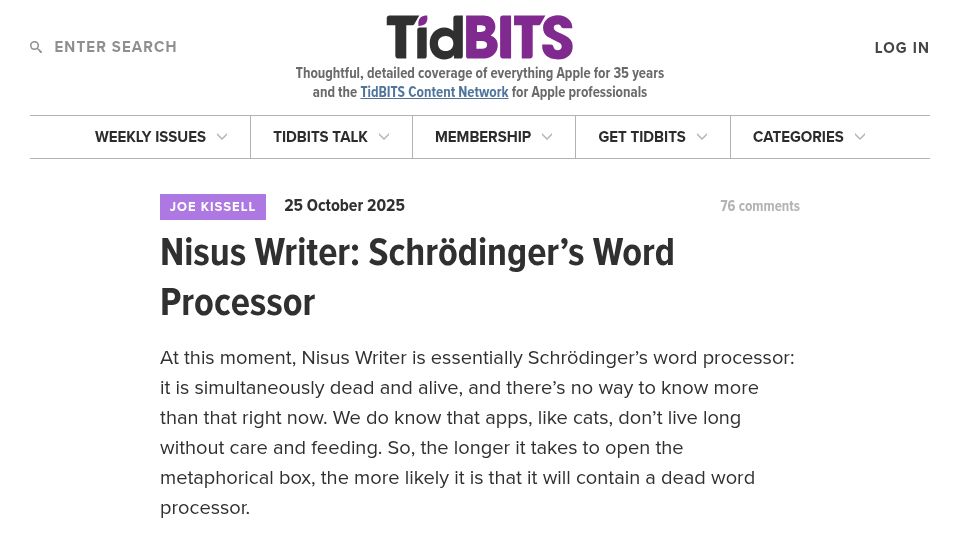 Screenshot of tidbits.com: Nisus Writer: Schrödinger's Word Processor
