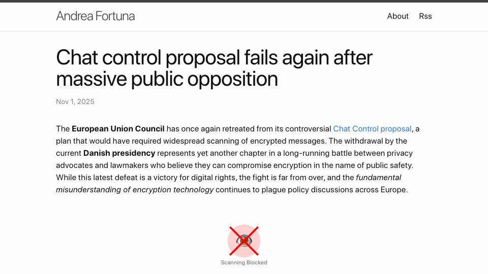 Screenshot of andreafortuna.org: Chat Control proposal fails again after public opposition