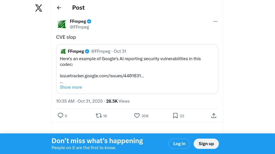 Screenshot of twitter.com: FFmpeg dealing with a security researcher