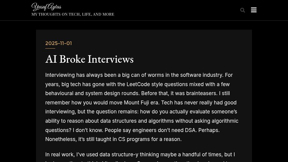 Screenshot of yusufaytas.com: AI Broke Interviews