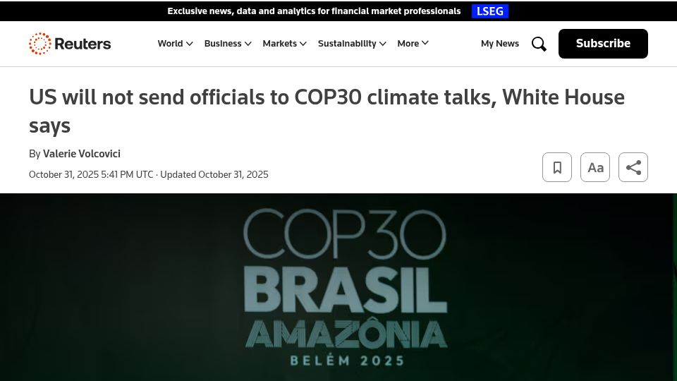 Screenshot of reuters.com: US will not send officials to COP30 climate talks