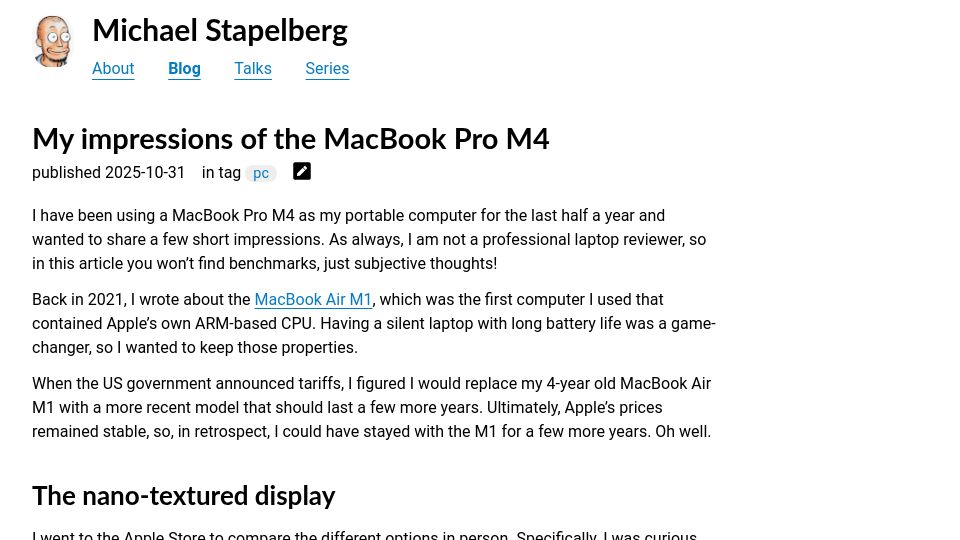 Screenshot of michael.stapelberg.ch: My Impressions of the MacBook Pro M4